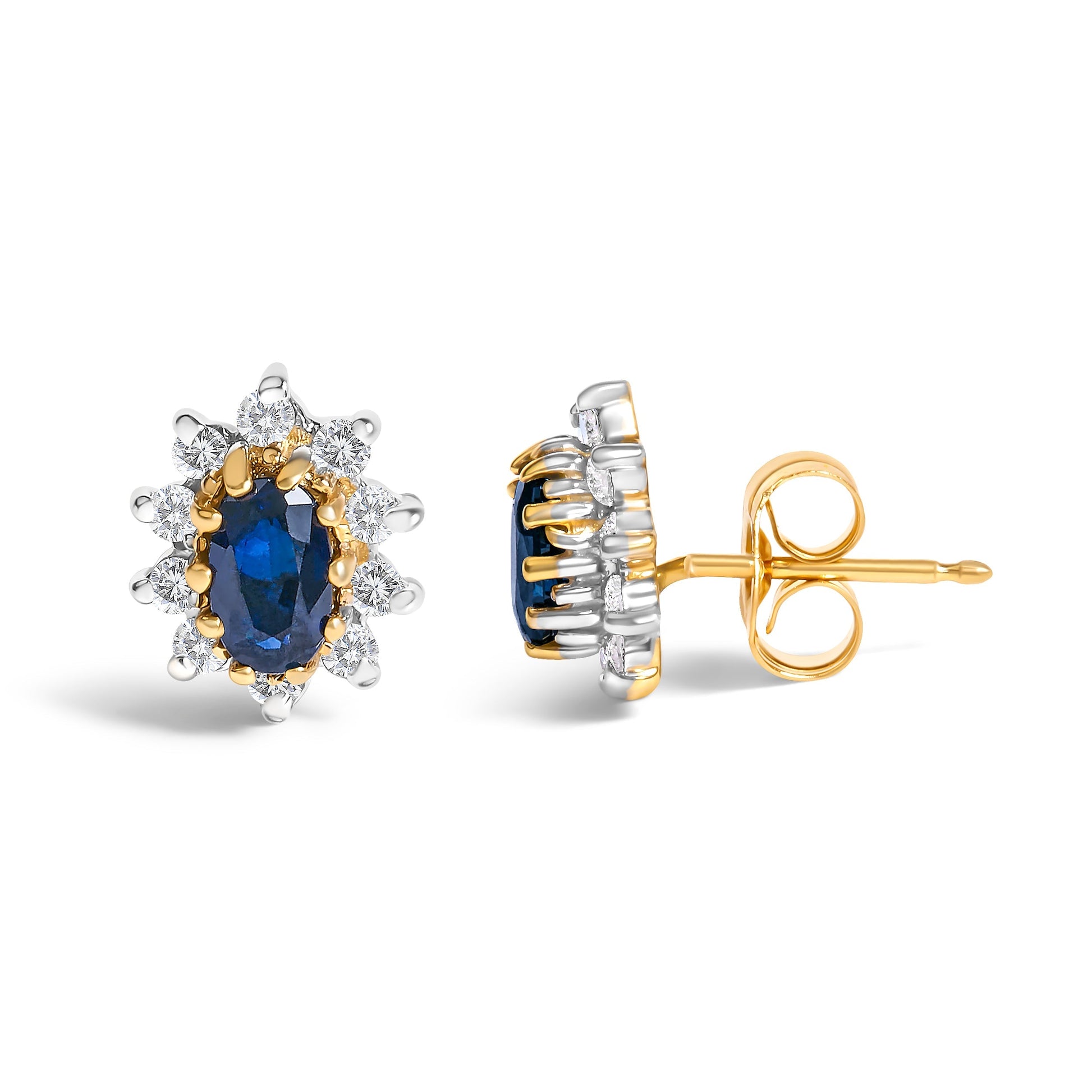 14K Yellow Gold 1/4 Cttw Diamond and Blue Sapphire Sunburst Halo Stud Earrings (K-L Color, I1-I2 Clarity) Bids.com
