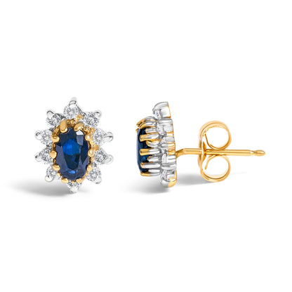 14K Yellow Gold 1/4 Cttw Diamond and Blue Sapphire Sunburst Halo Stud Earrings (K-L Color, I1-I2 Clarity) Bids.com