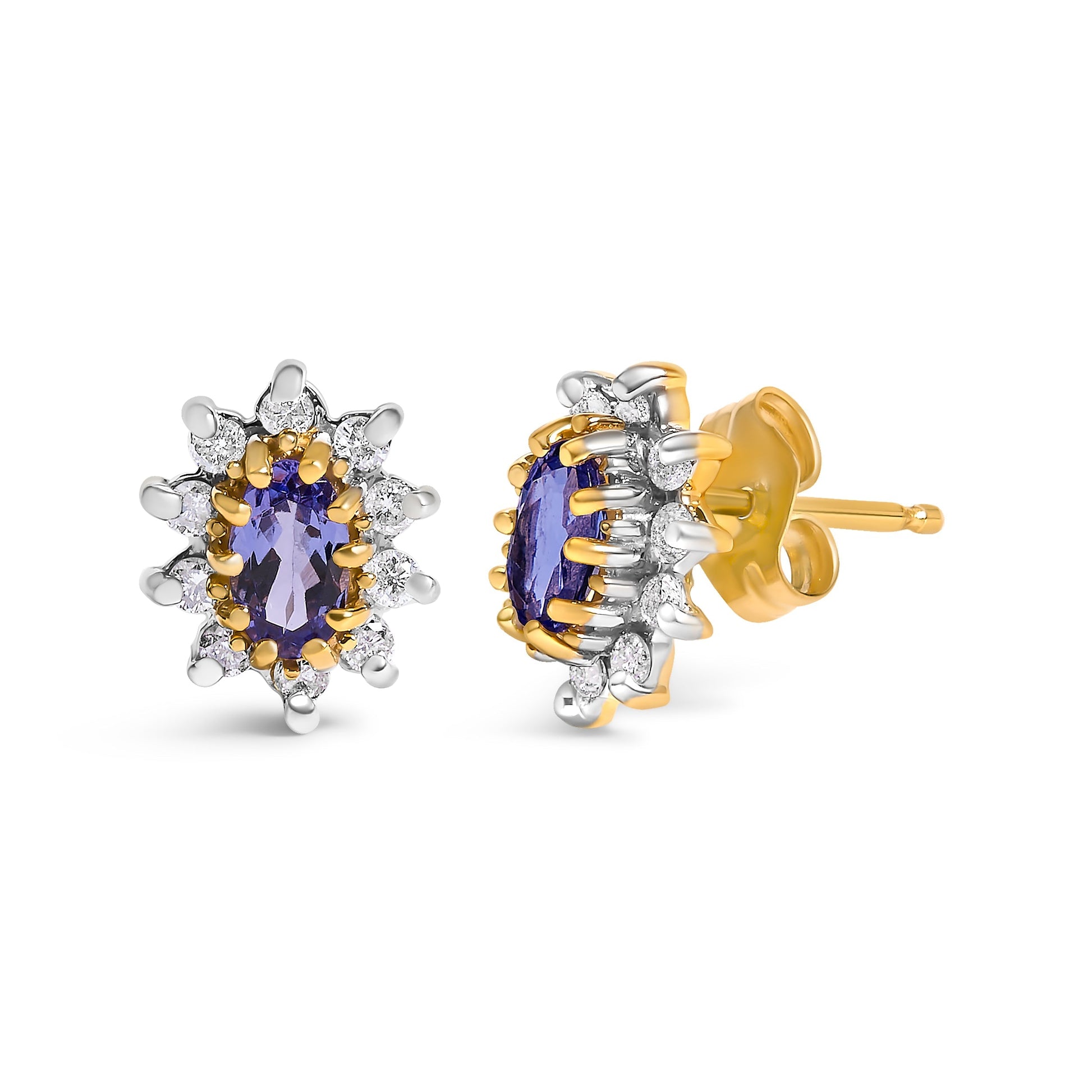 14K Yellow Gold 1/4 Cttw Diamond and Blue Purple Tanzanite Sunburst Halo Stud Earrings (K-L Color, I1-I2 Clarity) Bids.com