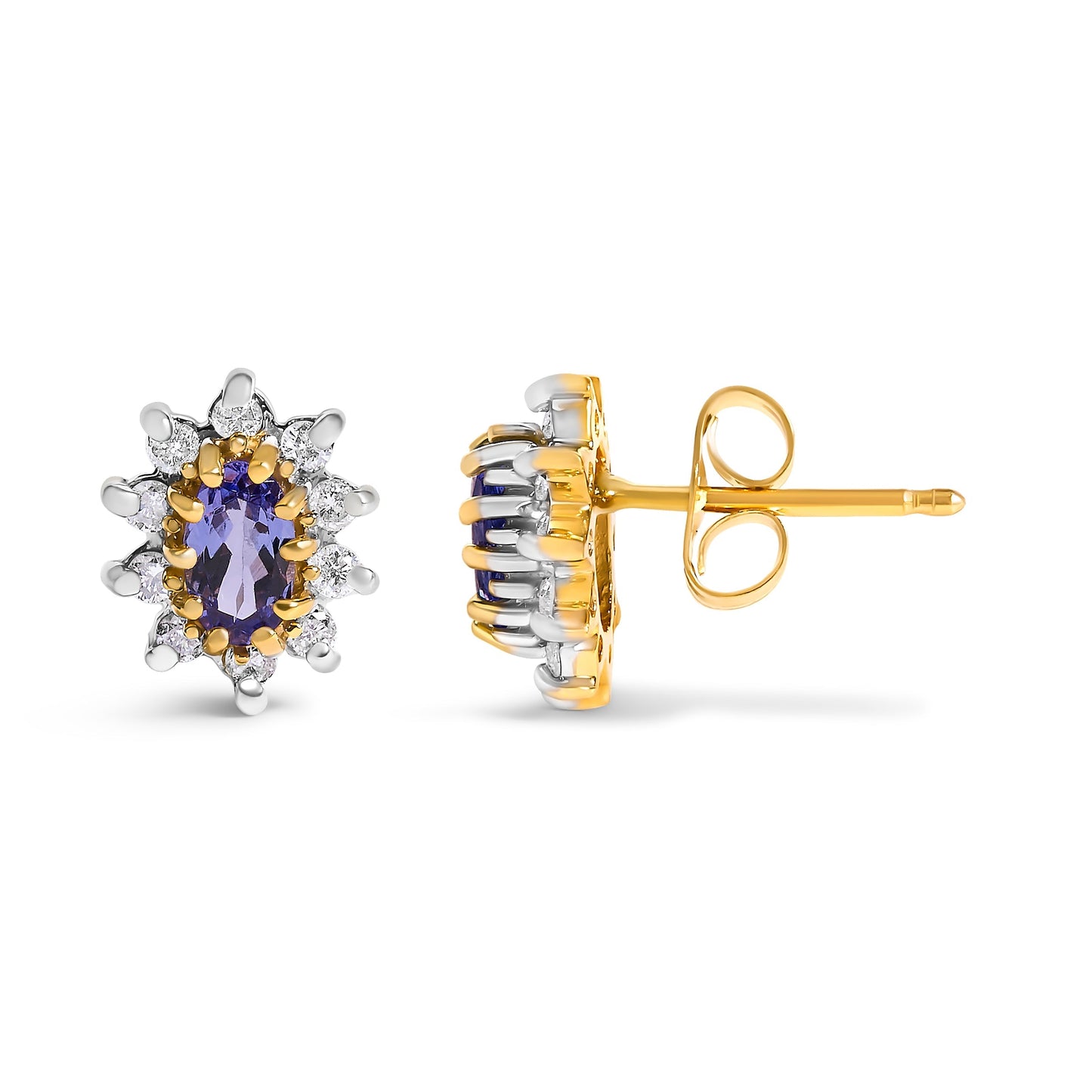 14K Yellow Gold 1/4 Cttw Diamond and Blue Purple Tanzanite Sunburst Halo Stud Earrings (K-L Color, I1-I2 Clarity) Bids.com