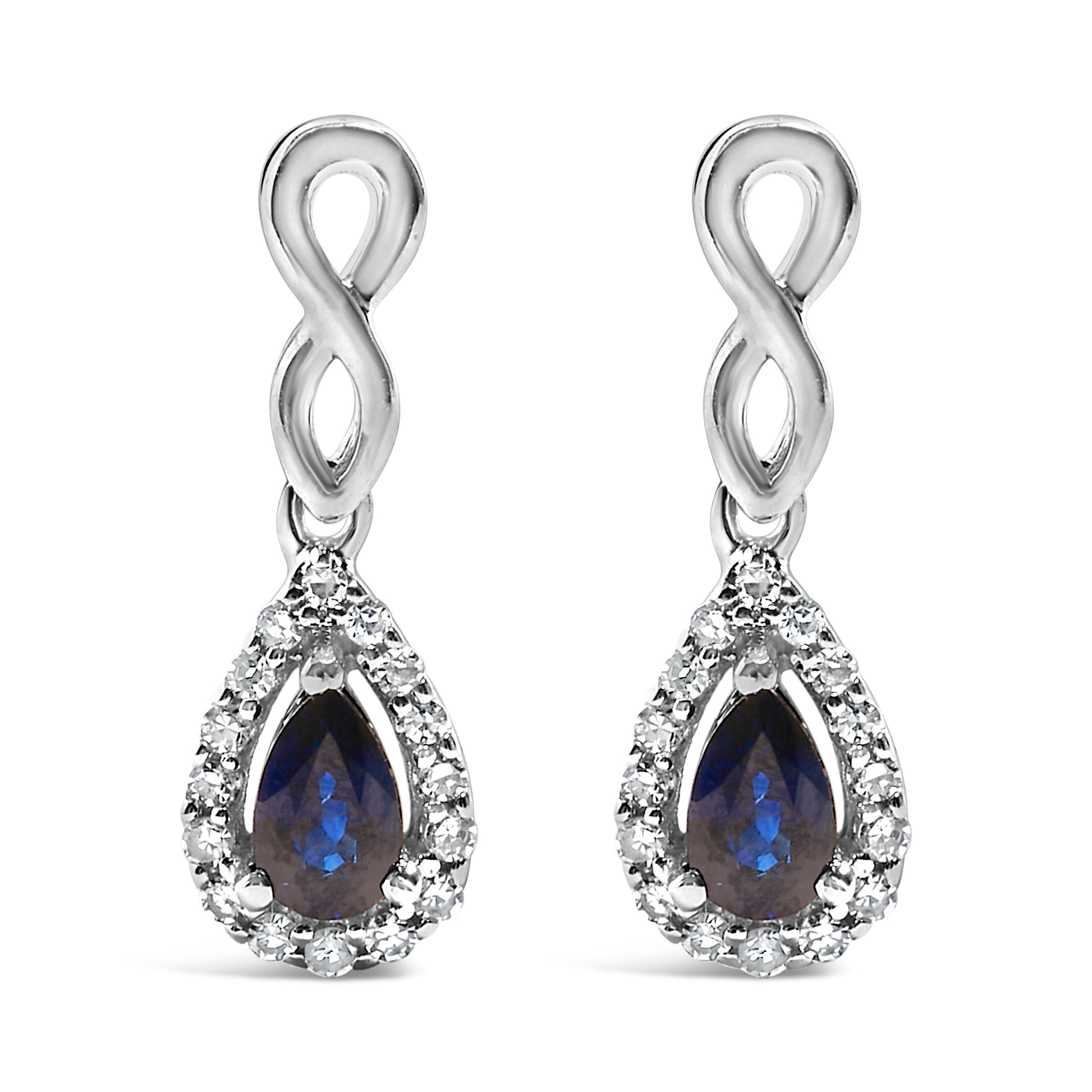 10K White Gold Pear Cut Blue Sapphire and 1/7 Cttw Diamond Infinity Drop and Dangle Earrings (I-J Color, I1-I2 Clarity) Bids.com