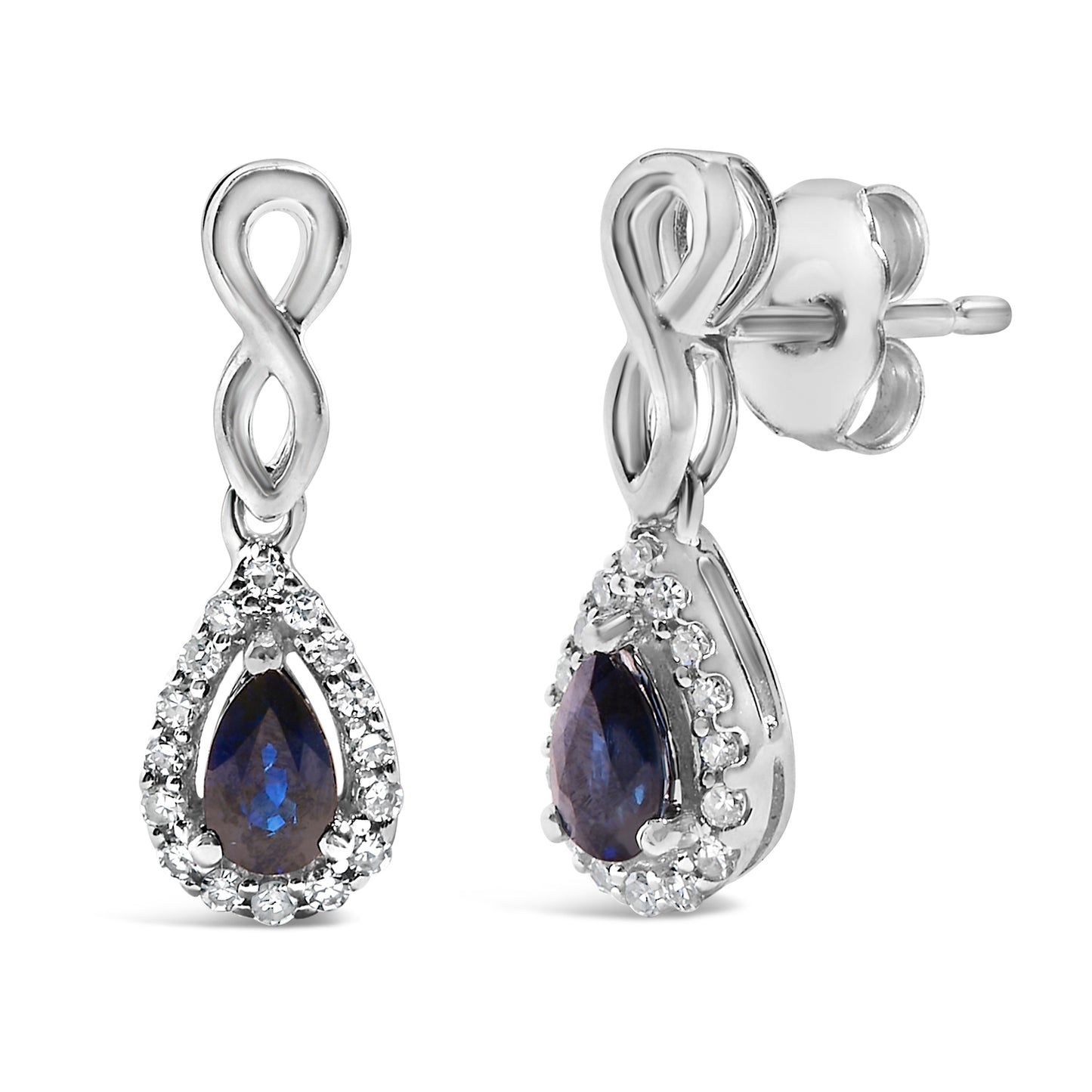 10K White Gold Pear Cut Blue Sapphire and 1/7 Cttw Diamond Infinity Drop and Dangle Earrings (I-J Color, I1-I2 Clarity) Bids.com