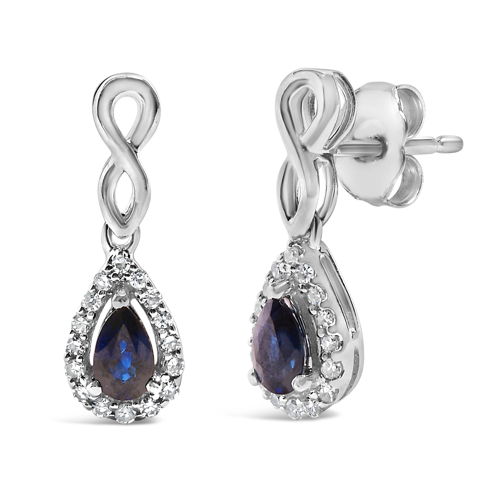 10K White Gold Pear Cut Blue Sapphire and 1/7 Cttw Diamond Infinity Drop and Dangle Earrings (I-J Color, I1-I2 Clarity) Bids.com
