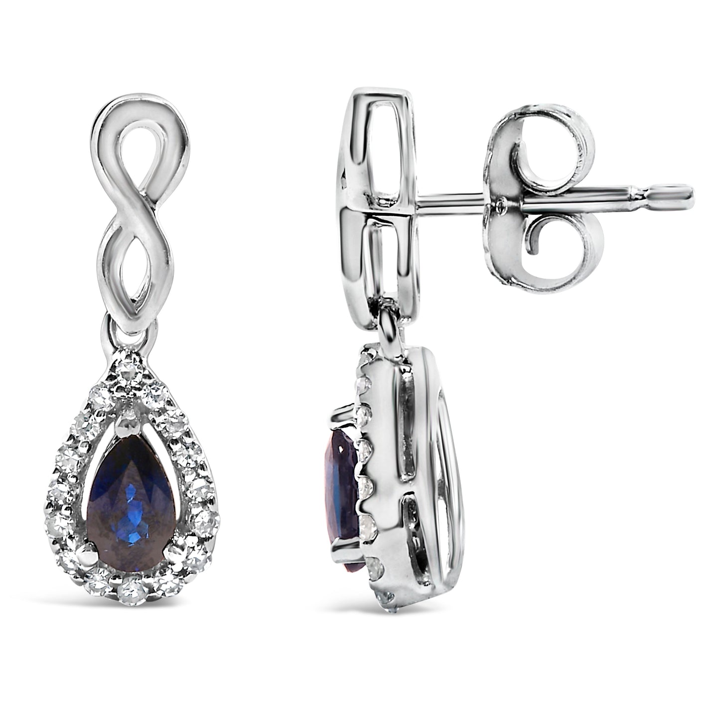 10K White Gold Pear Cut Blue Sapphire and 1/7 Cttw Diamond Infinity Drop and Dangle Earrings (I-J Color, I1-I2 Clarity) Bids.com