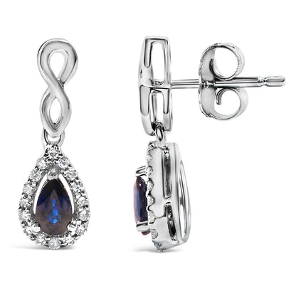 10K White Gold Pear Cut Blue Sapphire and 1/7 Cttw Diamond Infinity Drop and Dangle Earrings (I-J Color, I1-I2 Clarity) Bids.com