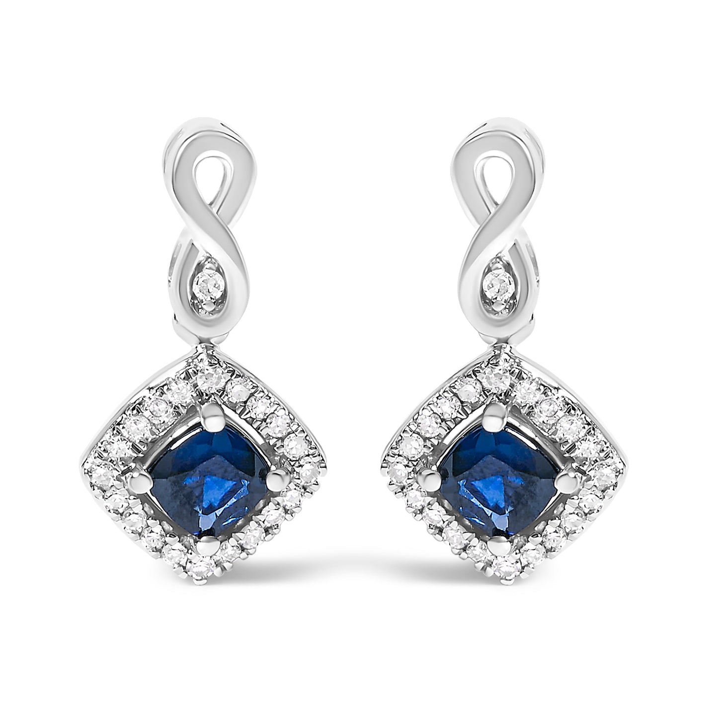 10K White Gold Blue  Sapphire and Diamond Halo Cushion Shaped Drop Earrings (I-J Color, I1-I2 Clarity) Bids.com