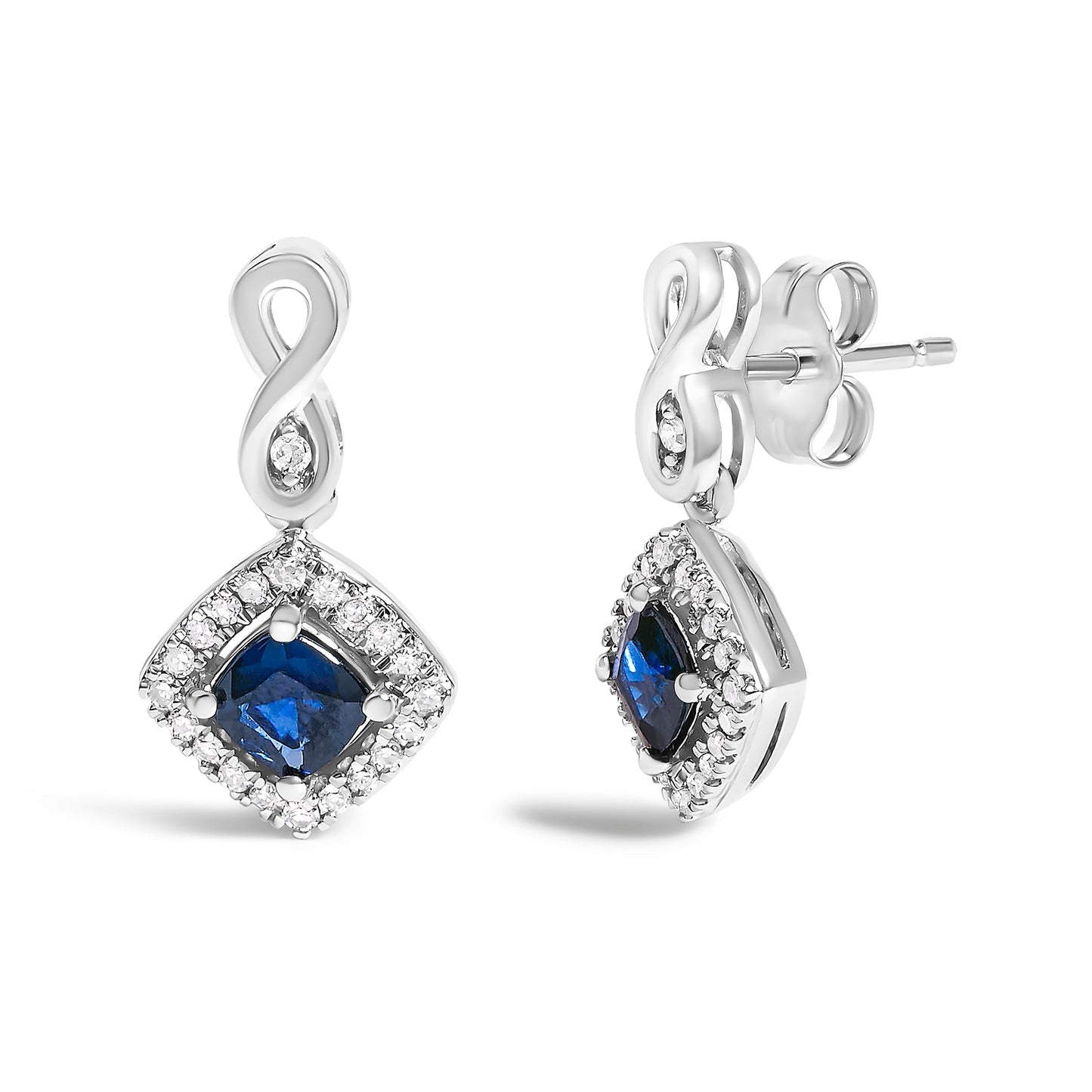10K White Gold Blue  Sapphire and Diamond Halo Cushion Shaped Drop Earrings (I-J Color, I1-I2 Clarity) Bids.com