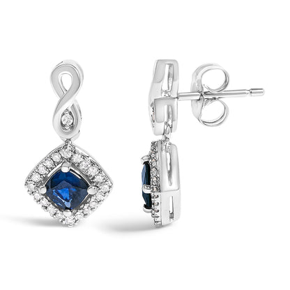 10K White Gold Blue  Sapphire and Diamond Halo Cushion Shaped Drop Earrings (I-J Color, I1-I2 Clarity) Bids.com
