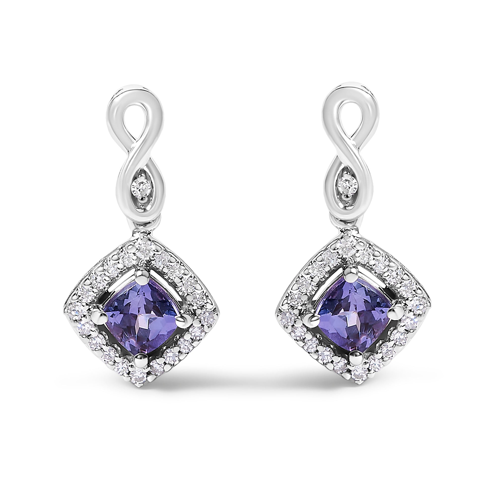 10K White Gold Blue Purple Tanzanite and Diamond Halo Cushion Shaped Drop Earrings (I-J Color, I1-I2 Clarity) Bids.com