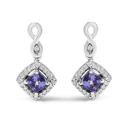 10K White Gold Blue Purple Tanzanite and Diamond Halo Cushion Shaped Drop Earrings (I-J Color, I1-I2 Clarity) Bids.com