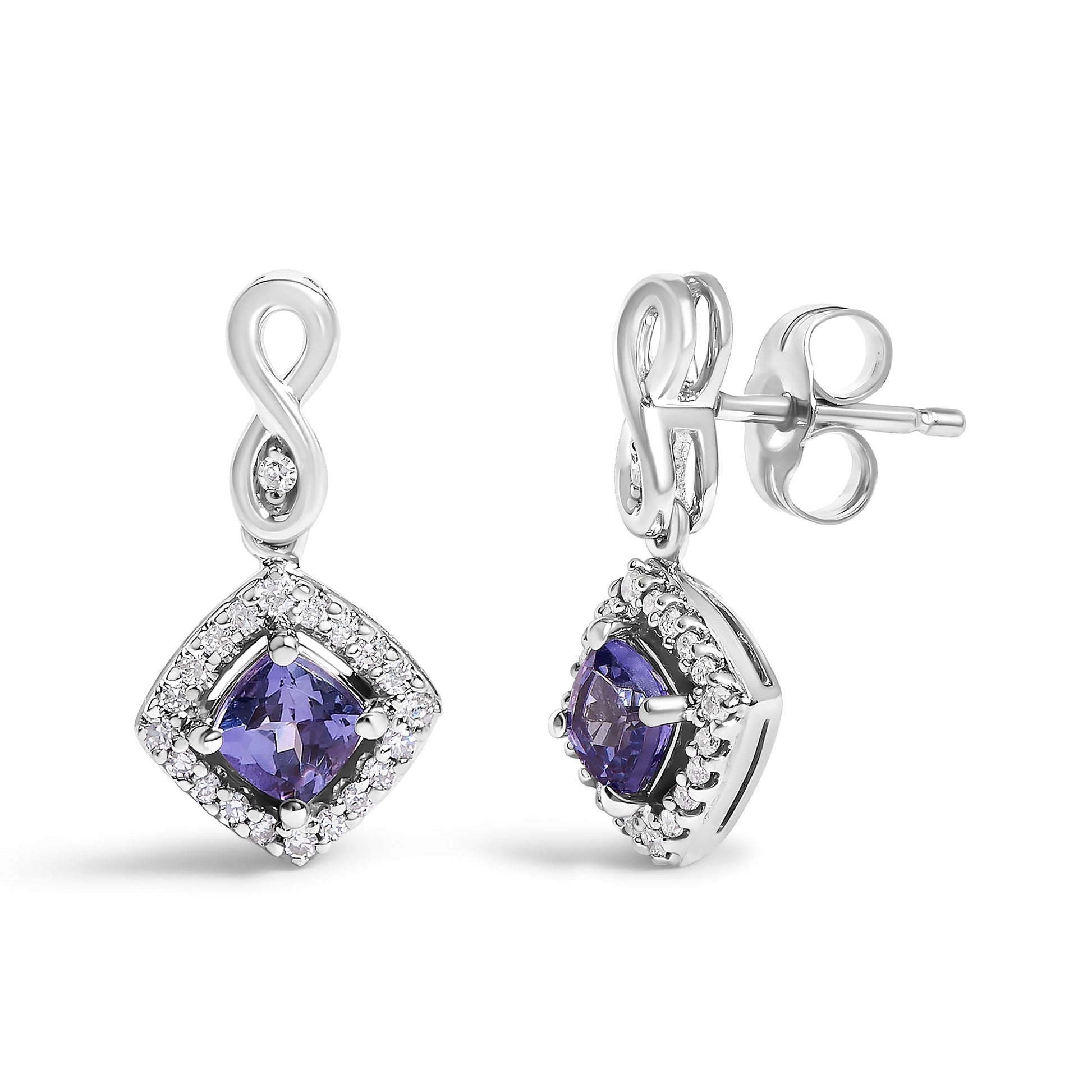 10K White Gold Blue Purple Tanzanite and Diamond Halo Cushion Shaped Drop Earrings (I-J Color, I1-I2 Clarity) Bids.com