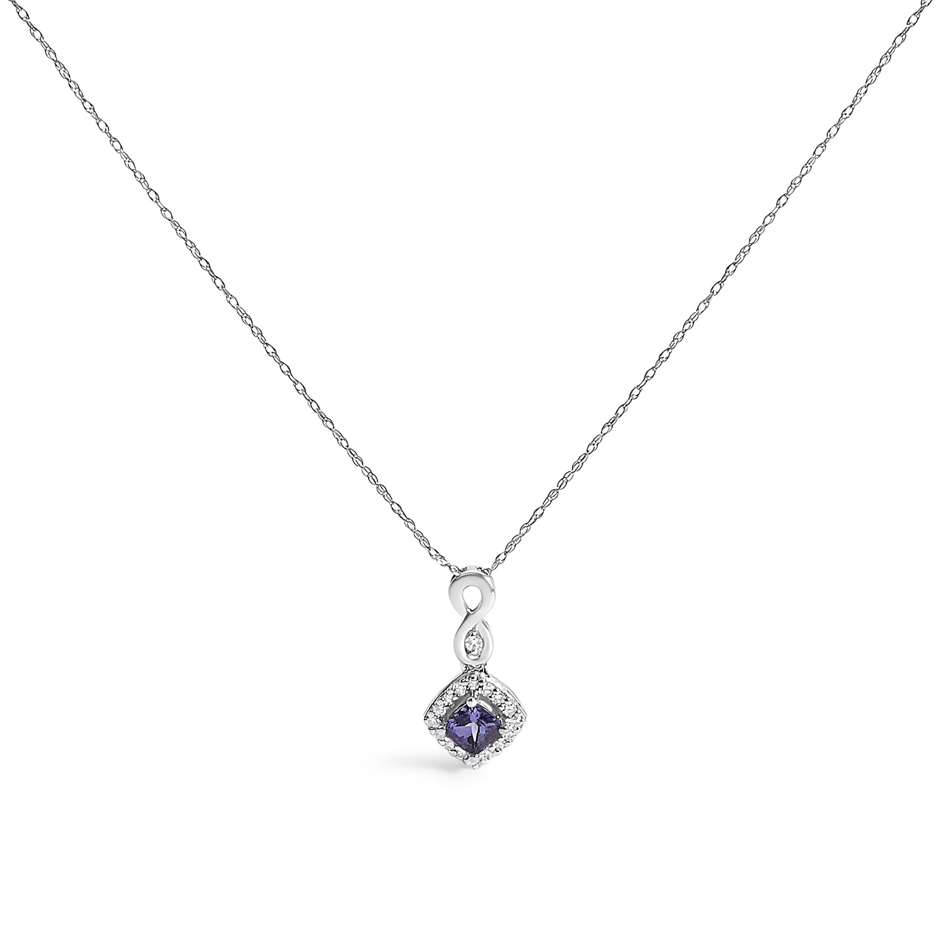 10K White Gold Blue Purple Tanzanite and Diamond Accent Cushion Drop Pendant Necklace - 18" Inches Bids.com