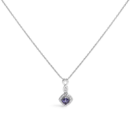 10K White Gold Blue Purple Tanzanite and Diamond Accent Cushion Drop Pendant Necklace - 18" Inches Bids.com