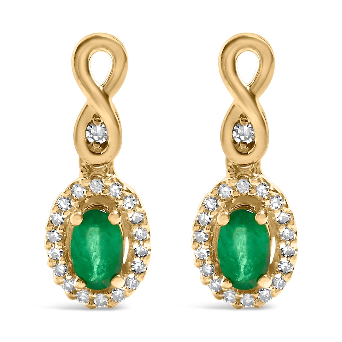 10K Yellow Gold Oval Cut Green Emerald 5x3 mm and 1/7 Cttw Round Diamond Dangle Earrings Bids.com