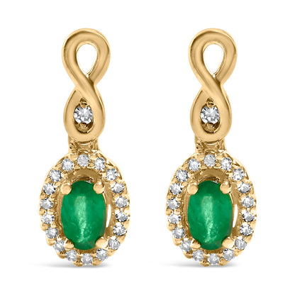 10K Yellow Gold Oval Cut Green Emerald 5x3 mm and 1/7 Cttw Round Diamond Dangle Earrings Bids.com