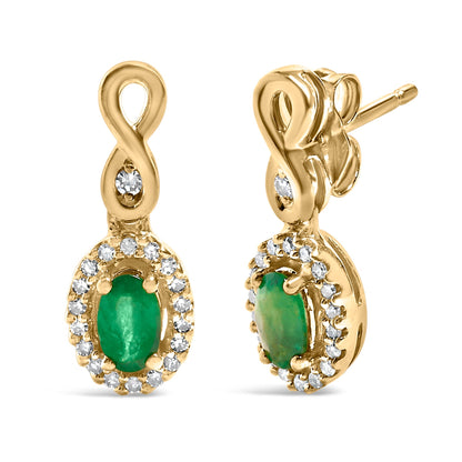 10K Yellow Gold Oval Cut Green Emerald 5x3 mm and 1/7 Cttw Round Diamond Dangle Earrings Bids.com