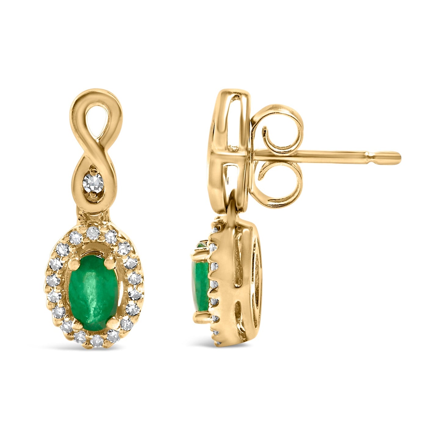 10K Yellow Gold Oval Cut Green Emerald 5x3 mm and 1/7 Cttw Round Diamond Dangle Earrings Bids.com