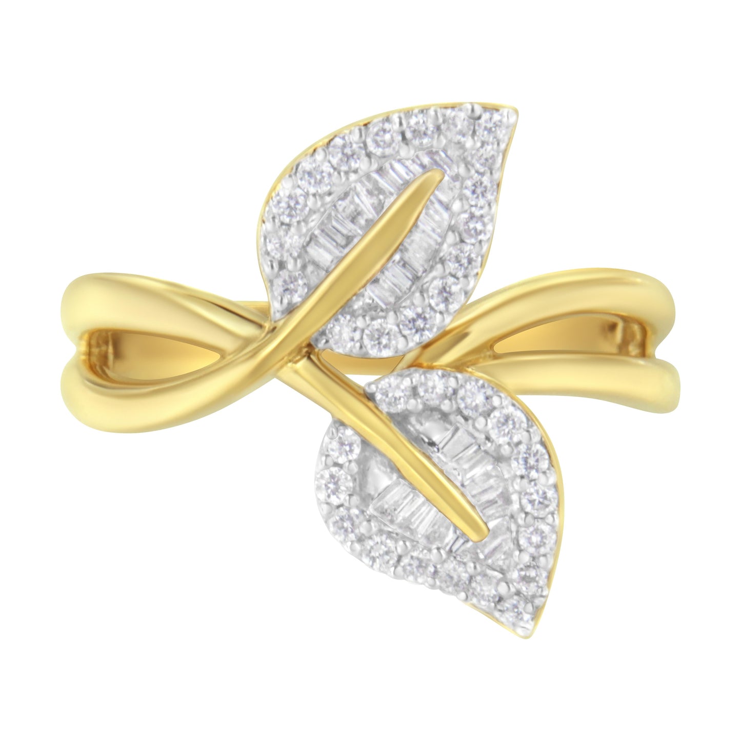 10K Yellow Gold 3/8 Cttw Round and Baguette-Cut Diamond Leaf Cocktail Ring - Size 7 (I-J Color, I1-I2 Clarity) Bids.com