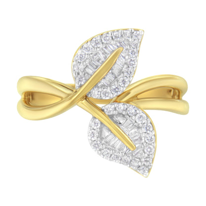 10K Yellow Gold 3/8 Cttw Round and Baguette-Cut Diamond Leaf Cocktail Ring - Size 7 (I-J Color, I1-I2 Clarity) Bids.com