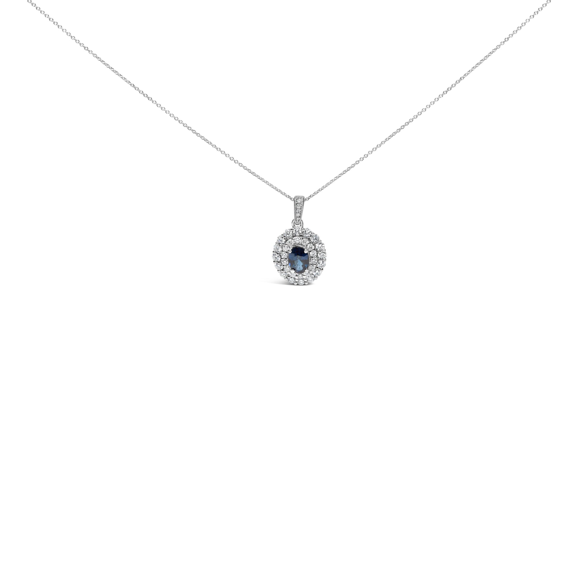 14K White Gold Oval Blue Sapphire and 3/4 Cttw Diamond Halo Pendant Necklace Bids.com
