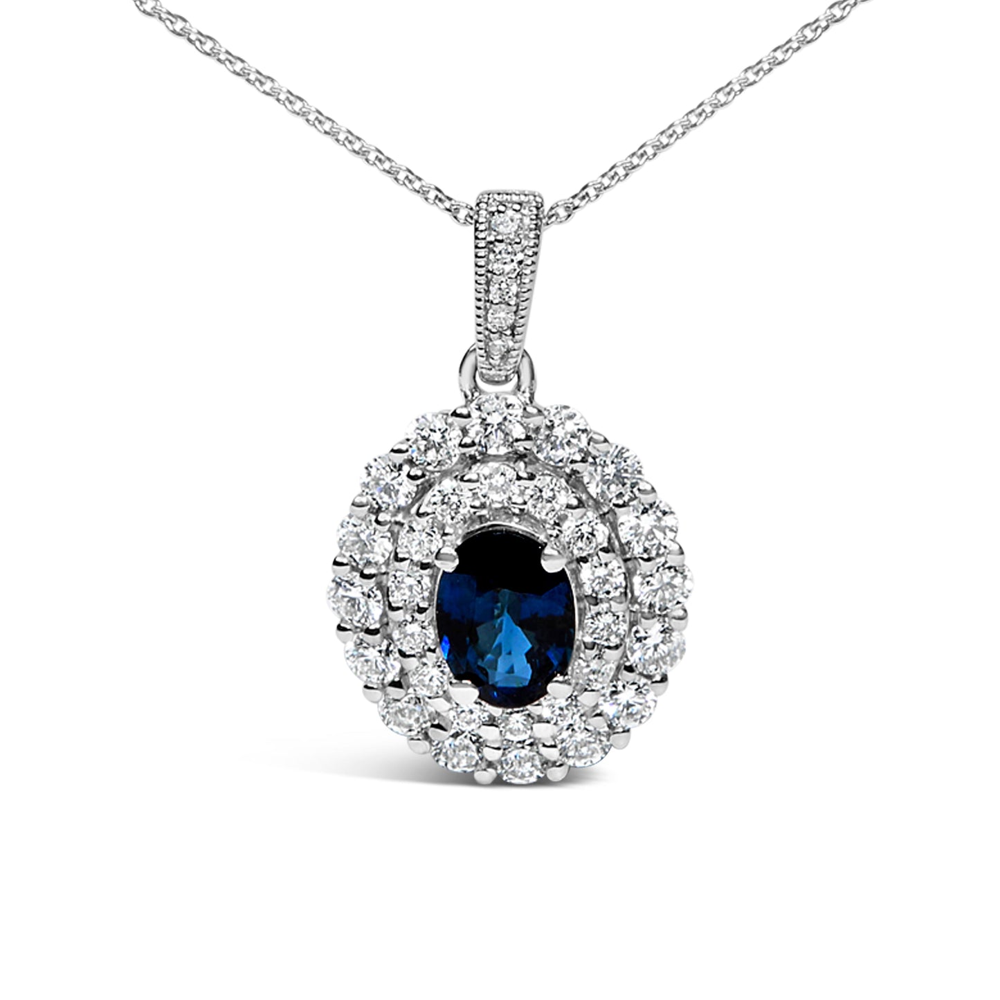 14K White Gold Oval Blue Sapphire and 3/4 Cttw Diamond Halo Pendant Necklace Bids.com
