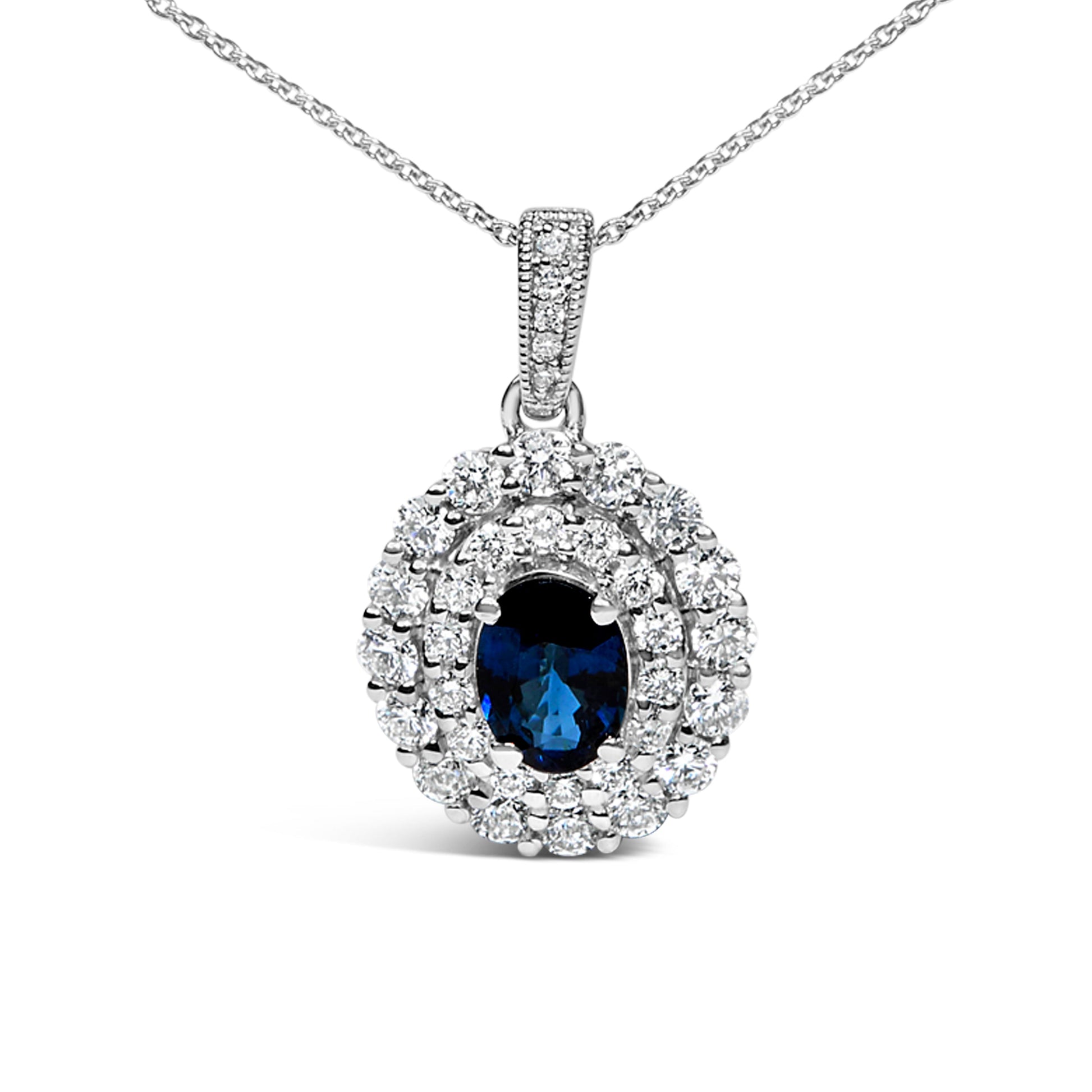 14K White Gold Oval Blue Sapphire and 3/4 Cttw Diamond Halo Pendant Necklace Bids.com