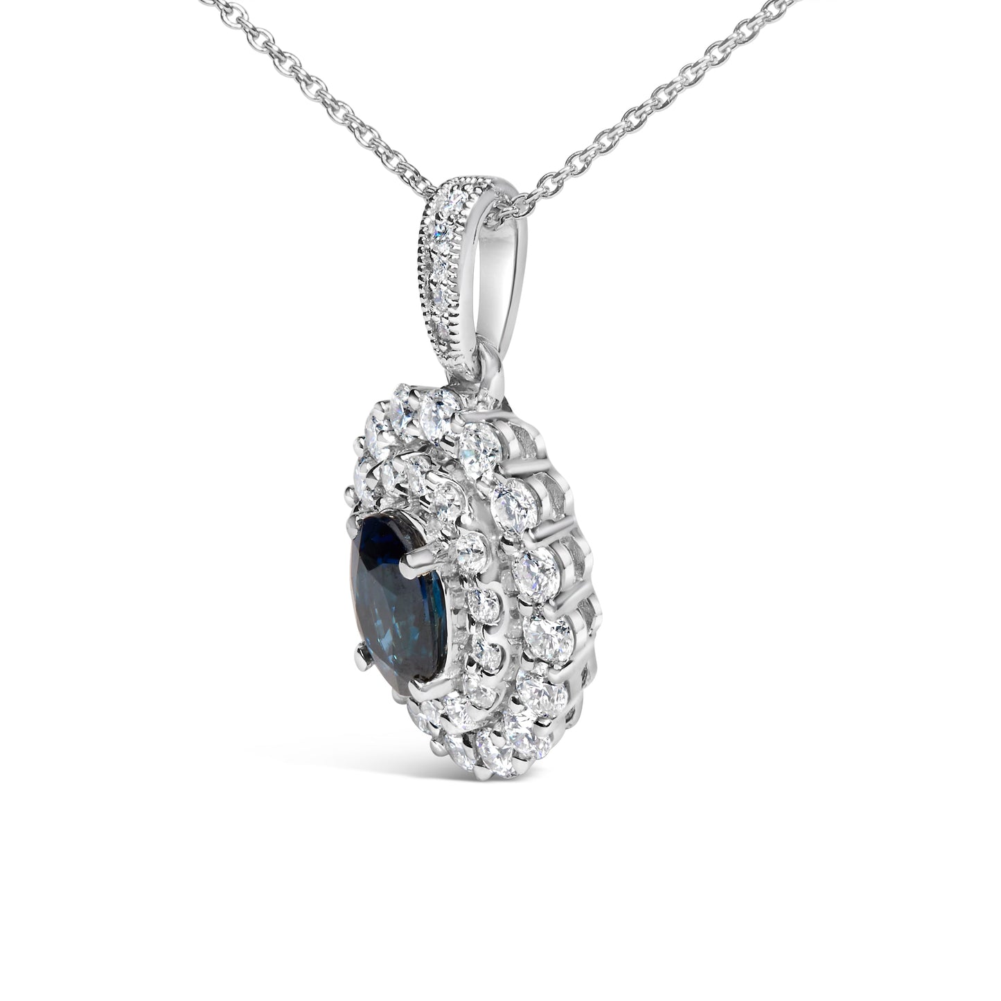 14K White Gold Oval Blue Sapphire and 3/4 Cttw Diamond Halo Pendant Necklace Bids.com