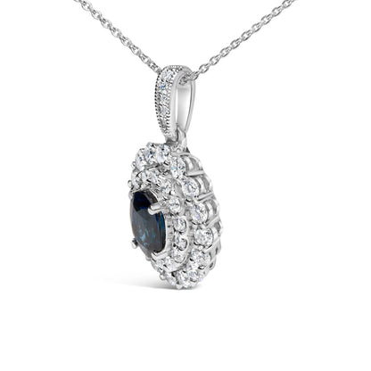14K White Gold Oval Blue Sapphire and 3/4 Cttw Diamond Halo Pendant Necklace Bids.com