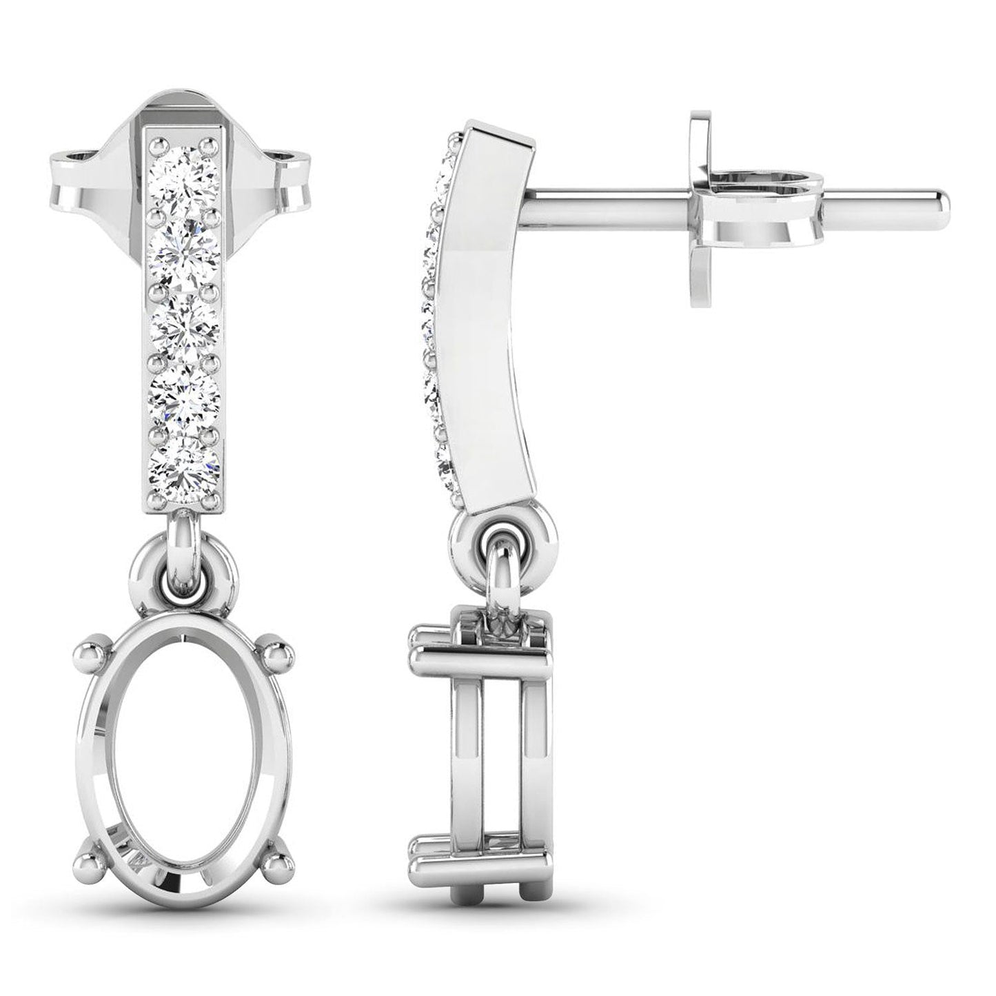 0.14 Carat Genuine White Diamond 14K White Gold Semi Mount Earrings - holds 7x5mm Oval Gemstones Bids.com