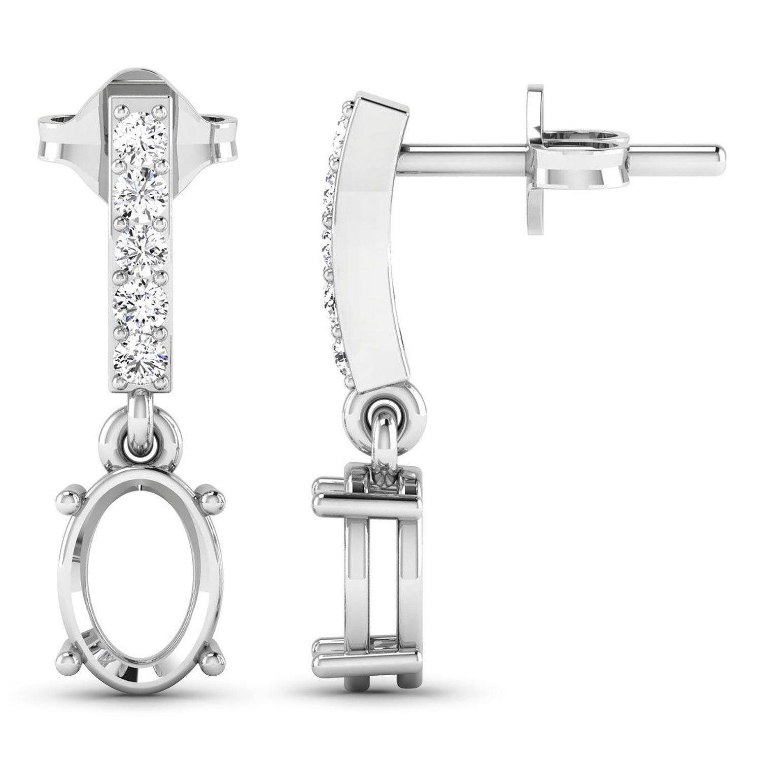 0.14 Carat Genuine White Diamond 14K White Gold Semi Mount Earrings - holds 7x5mm Oval Gemstones Bids.com