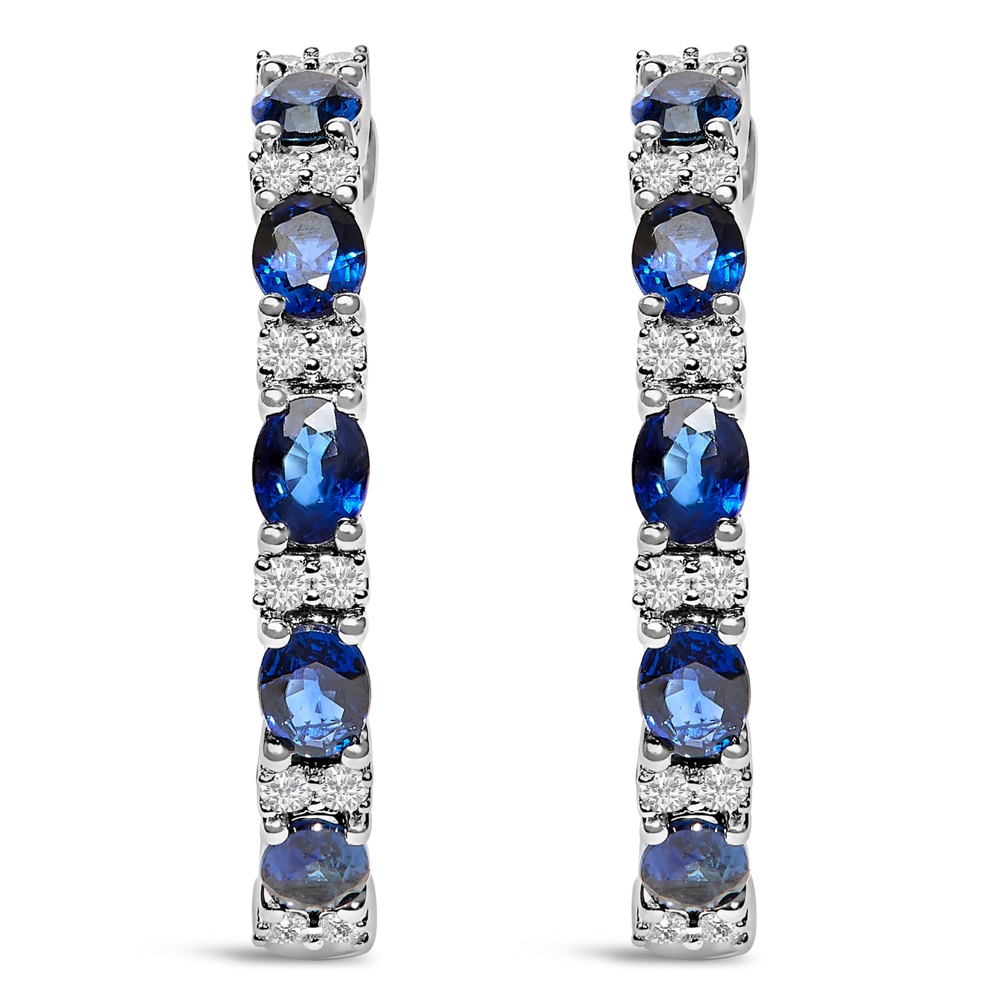 14K White Gold 4x3mm Oval Blue Sapphire and 1/4 Cttw Diamond Alternating Hoop Earring (I-J Color, SI2-I1 Clarity) Bids.com