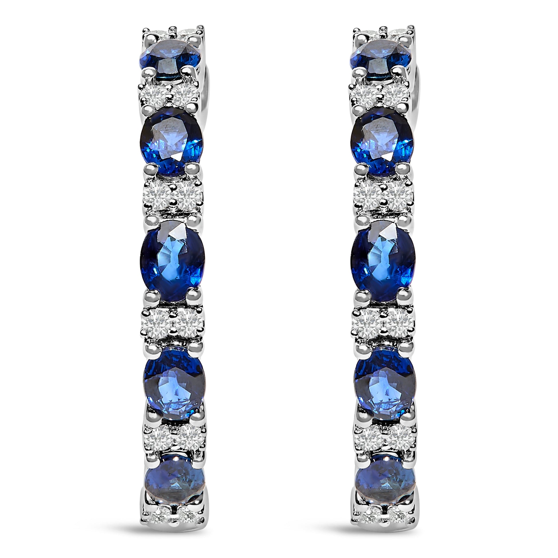 14K White Gold 4x3mm Oval Blue Sapphire and 1/4 Cttw Diamond Alternating Hoop Earring (I-J Color, SI2-I1 Clarity) Bids.com
