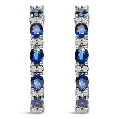 14K White Gold 4x3mm Oval Blue Sapphire and 1/4 Cttw Diamond Alternating Hoop Earring (I-J Color, SI2-I1 Clarity) Bids.com