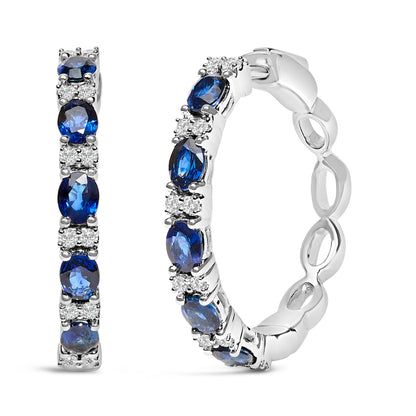 14K White Gold 4x3mm Oval Blue Sapphire and 1/4 Cttw Diamond Alternating Hoop Earring (I-J Color, SI2-I1 Clarity) Bids.com