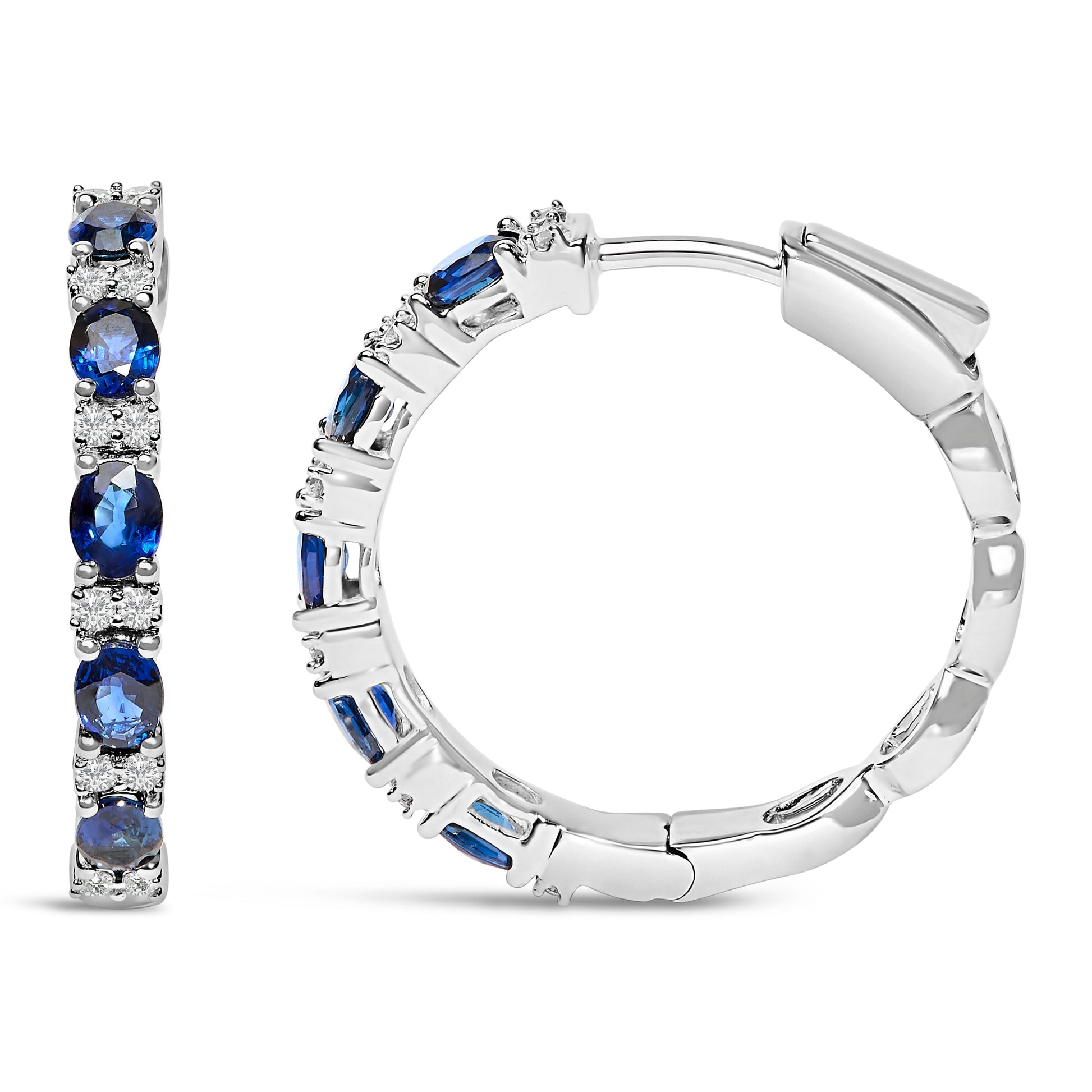 14K White Gold 4x3mm Oval Blue Sapphire and 1/4 Cttw Diamond Alternating Hoop Earring (I-J Color, SI2-I1 Clarity) Bids.com