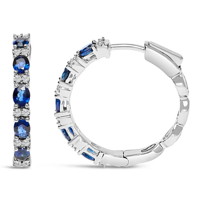 14K White Gold 4x3mm Oval Blue Sapphire and 1/4 Cttw Diamond Alternating Hoop Earring (I-J Color, SI2-I1 Clarity) Bids.com