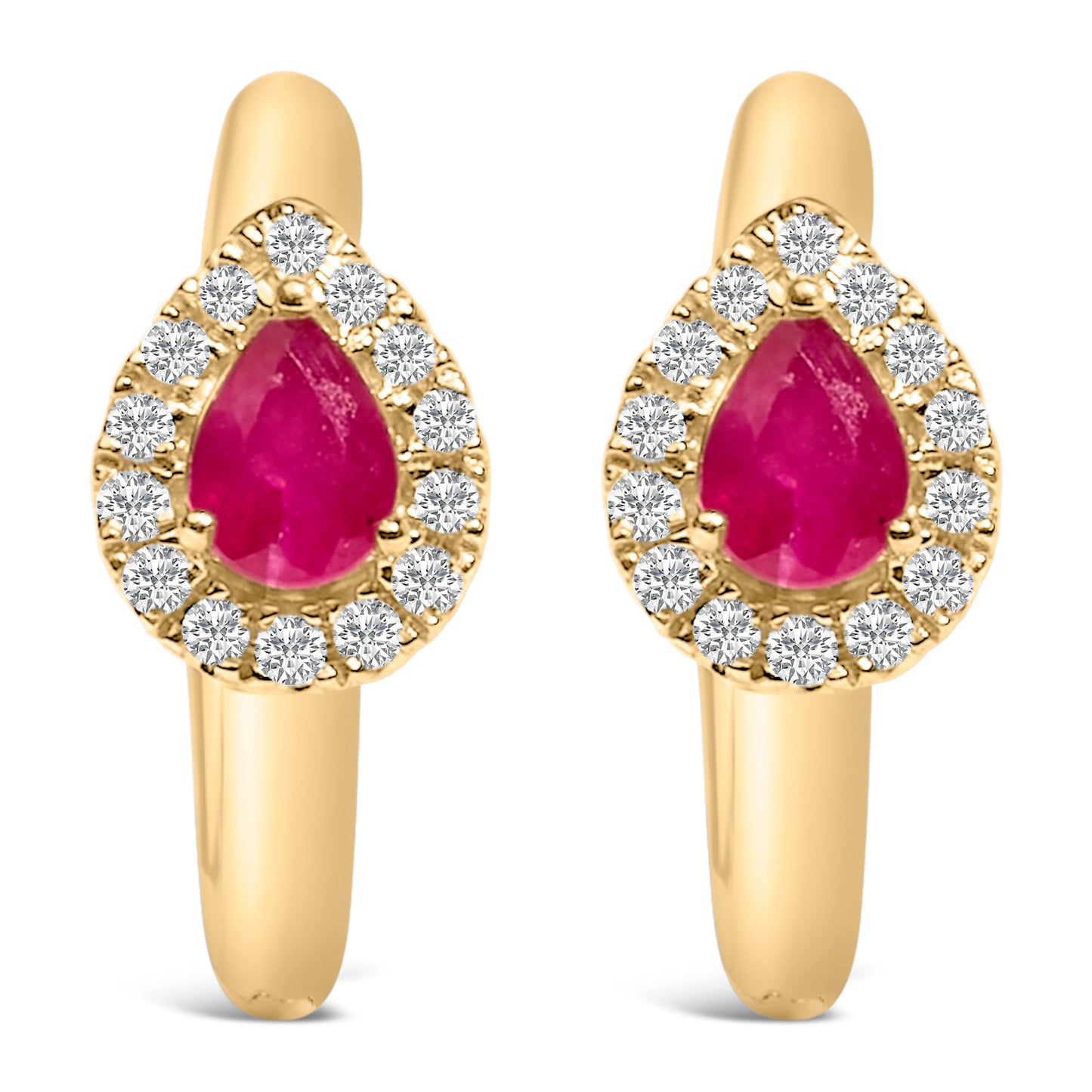 10K Yellow Gold Pear Cut Red Ruby 4x3 mm and 1/10 Cttw Round Diamond Huggy Earrings (I-J Color, I1-I2 Clarity) Bids.com