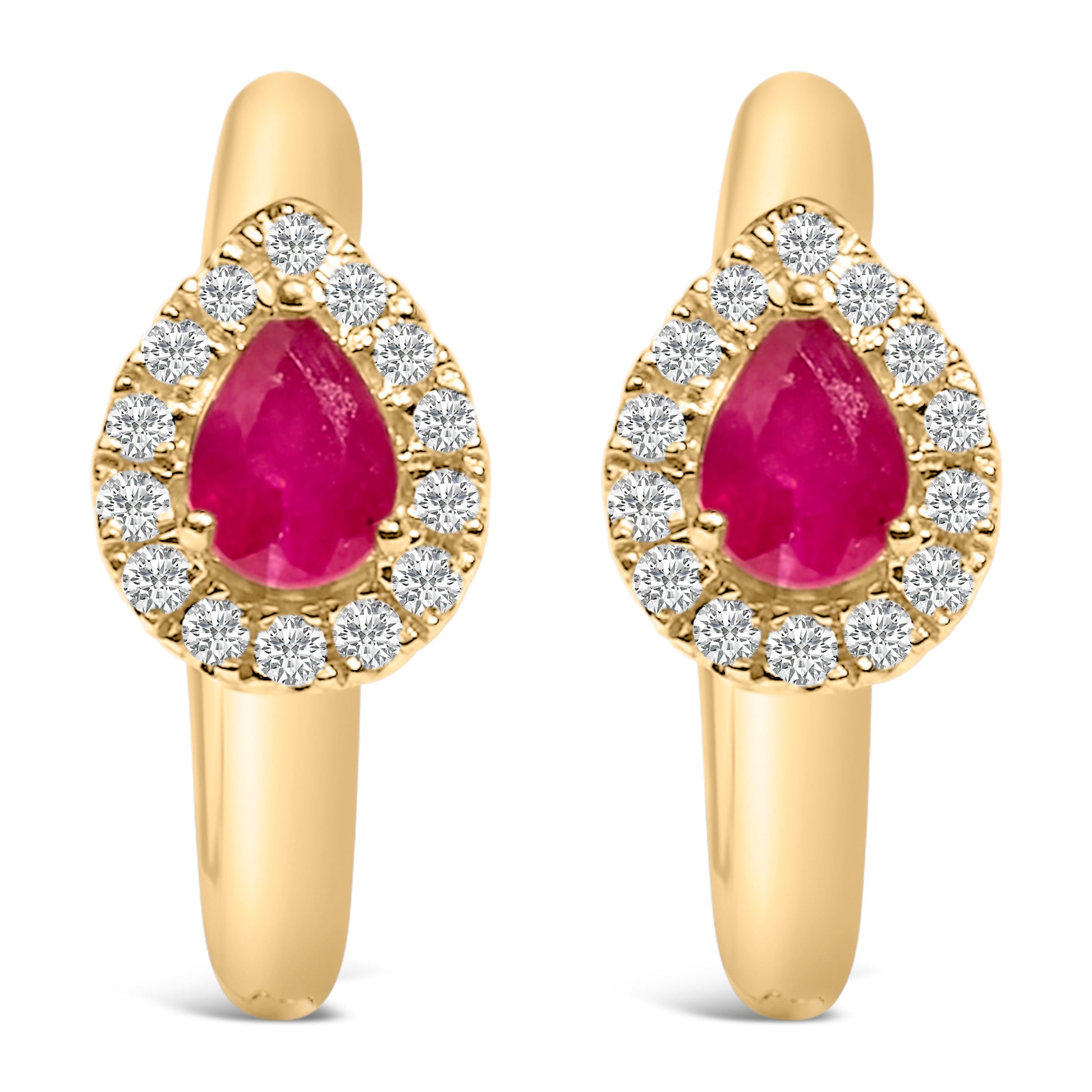 10K Yellow Gold Pear Cut Red Ruby 4x3 mm and 1/10 Cttw Round Diamond Huggy Earrings (I-J Color, I1-I2 Clarity) Bids.com