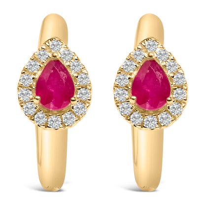 10K Yellow Gold Pear Cut Red Ruby 4x3 mm and 1/10 Cttw Round Diamond Huggy Earrings (I-J Color, I1-I2 Clarity) Bids.com