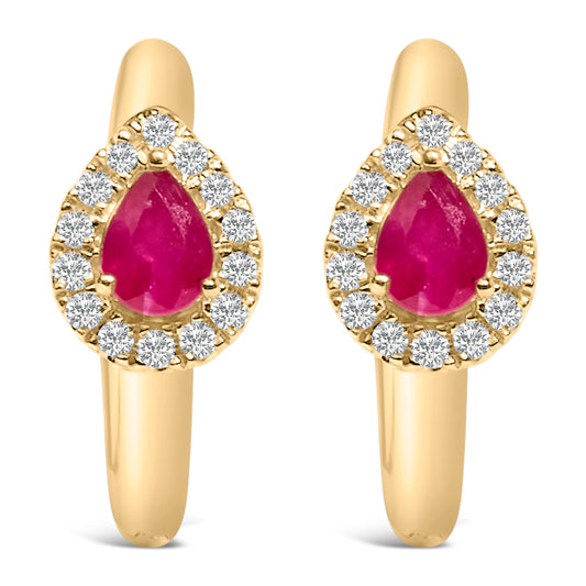 10K Yellow Gold Pear Cut Red Ruby 4x3 mm and 1/10 Cttw Round Diamond Huggy Earrings (I-J Color, I1-I2 Clarity) Bids.com