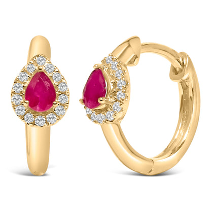 10K Yellow Gold Pear Cut Red Ruby 4x3 mm and 1/10 Cttw Round Diamond Huggy Earrings (I-J Color, I1-I2 Clarity) Bids.com
