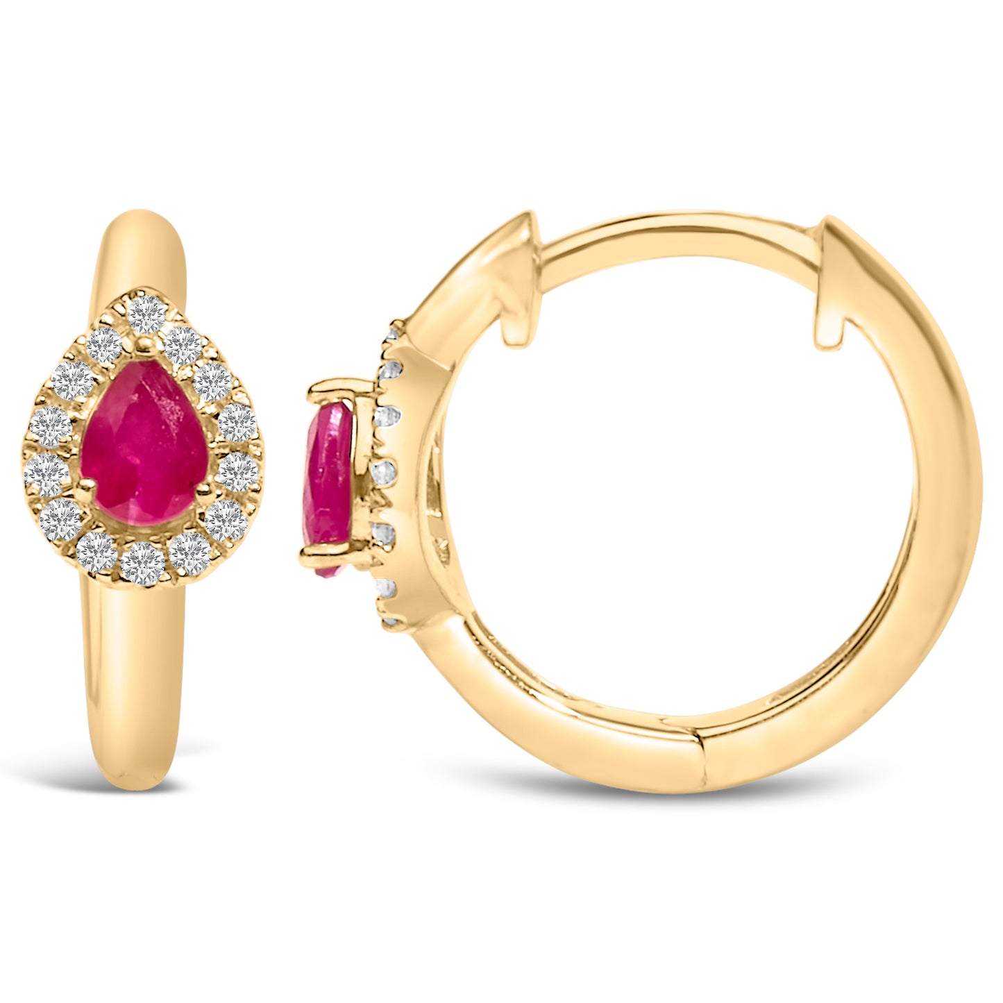 10K Yellow Gold Pear Cut Red Ruby 4x3 mm and 1/10 Cttw Round Diamond Huggy Earrings (I-J Color, I1-I2 Clarity) Bids.com