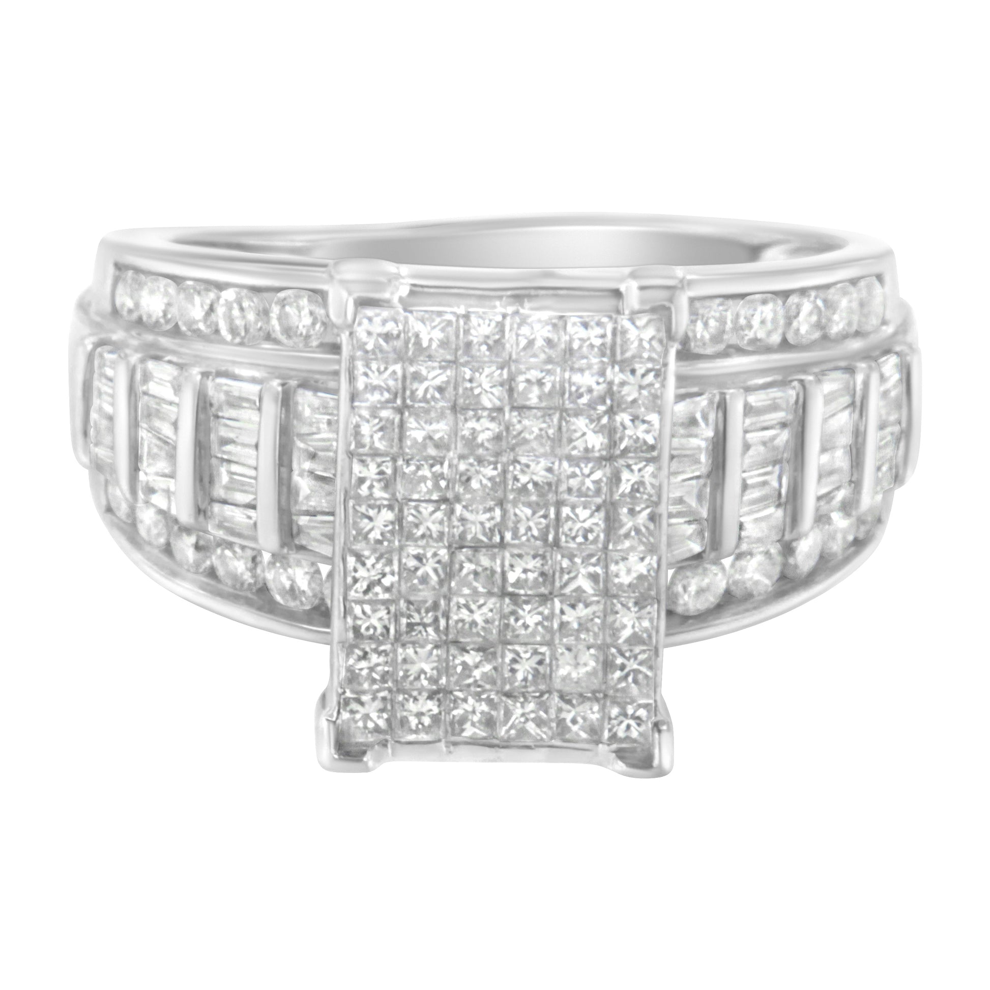 14K White Gold 2.0 Cttw Mixed-Cut Diamond Rectangle Invisible-Set Composite Cluster Ring with Bar- and Channel-Set Band (H-I Color, SI2-I1 Clarity) - Size 5 Bids.com