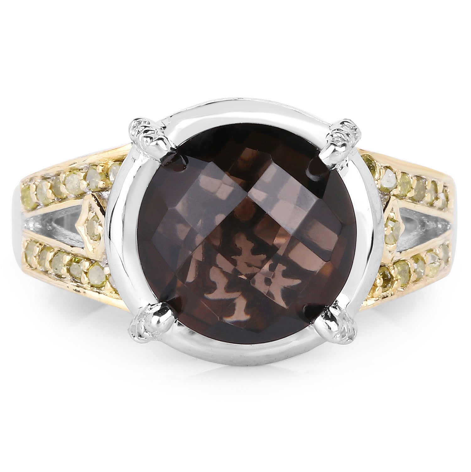 3.28 Carat Genuine Smoky Quartz, Yellow Diamond & White Diamond .925 Sterling Silver Ring Bids.com