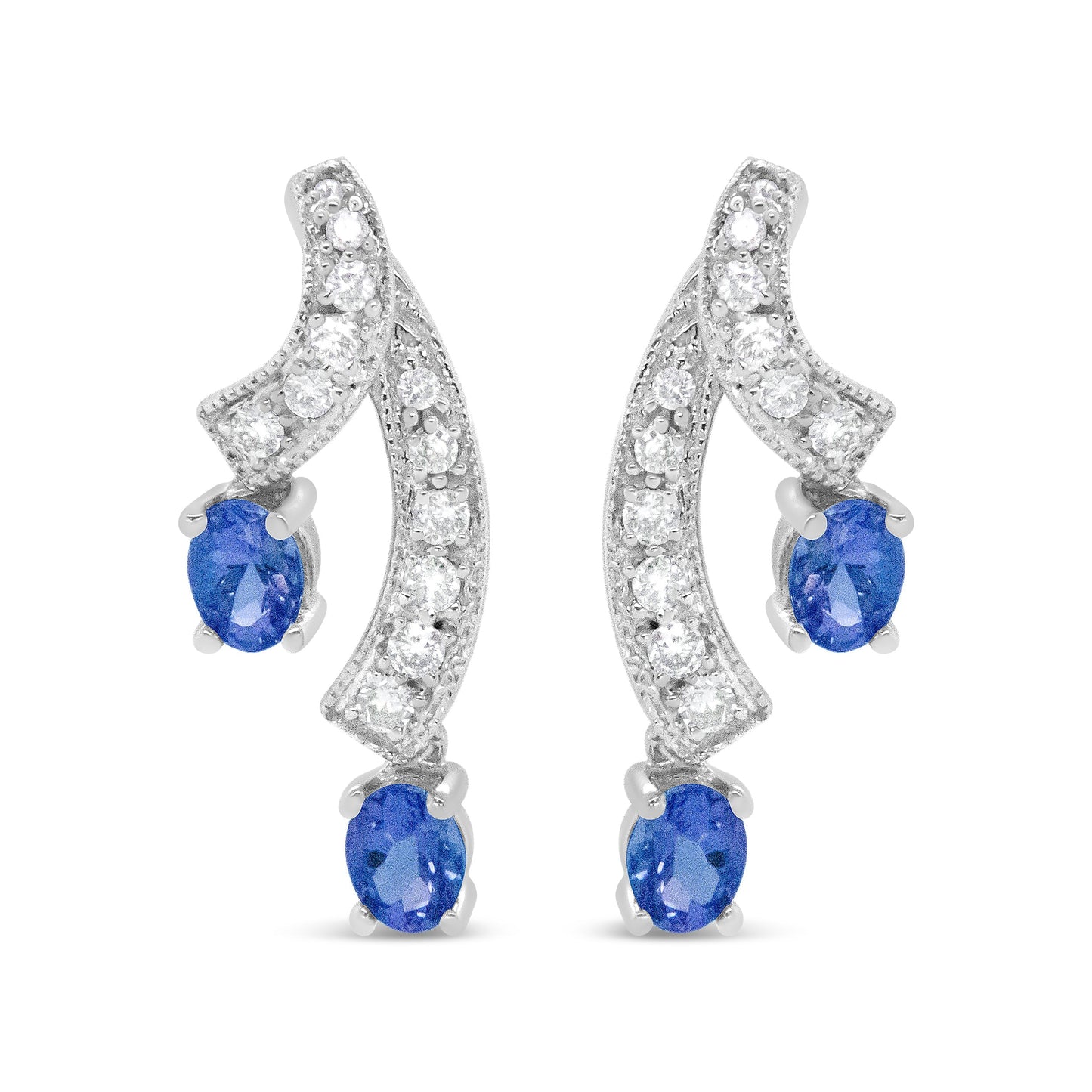 14K White Gold 4x3MM Oval Shaped Natural Blue Tanzanite Gemstone and 1/5 Cttw Diamond Double 3/4" Inch Drop Stud Earrings (H-I Color, VS1-VS2 Clarity) Bids.com