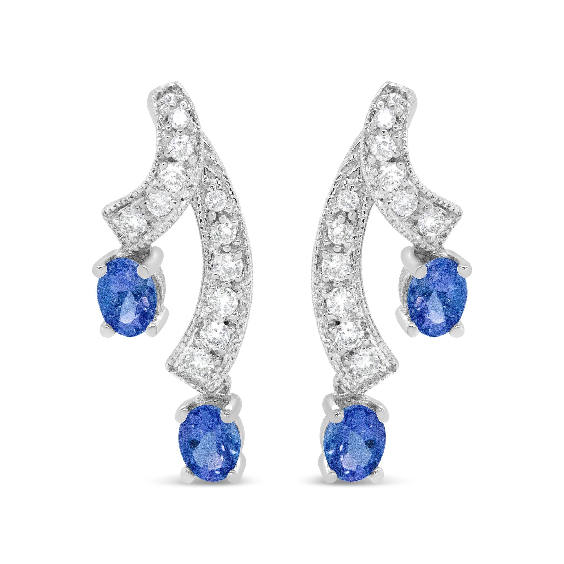 14K White Gold 4x3MM Oval Shaped Natural Blue Tanzanite Gemstone and 1/5 Cttw Diamond Double 3/4" Inch Drop Stud Earrings (H-I Color, VS1-VS2 Clarity) Bids.com