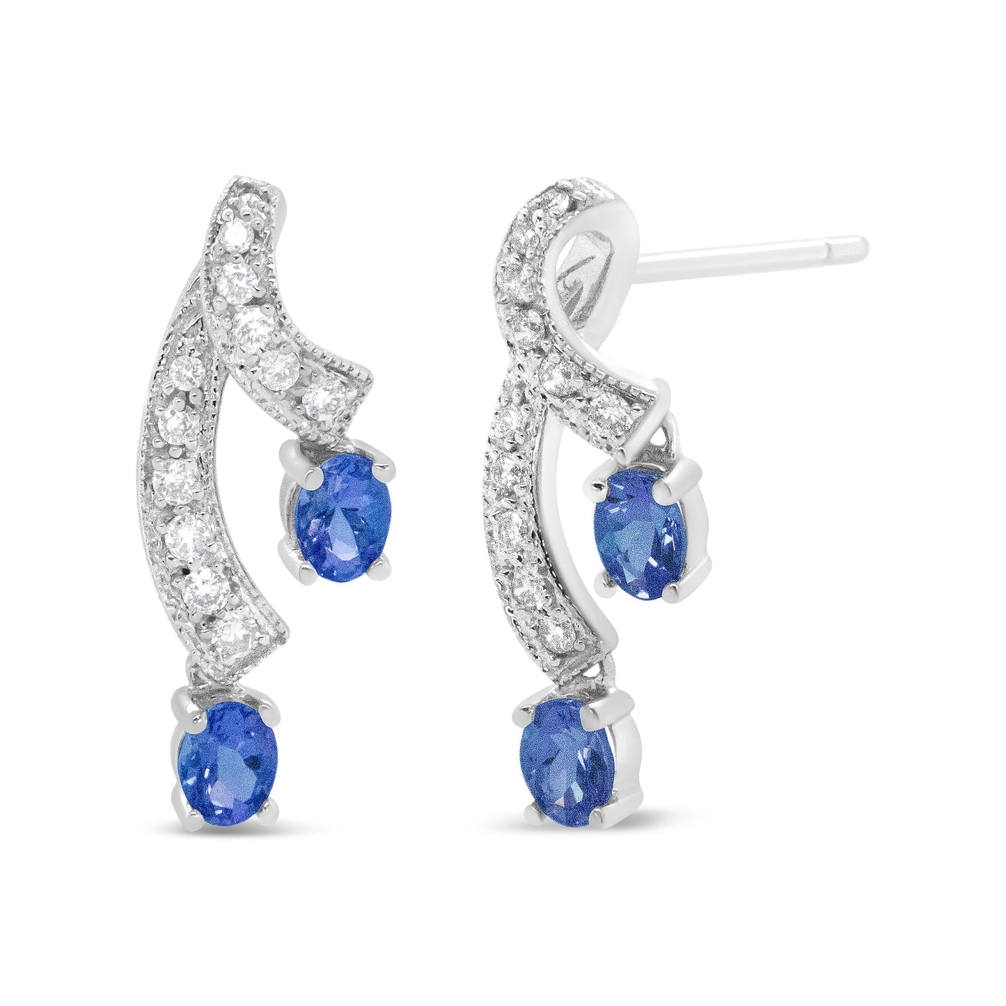 14K White Gold 4x3MM Oval Shaped Natural Blue Tanzanite Gemstone and 1/5 Cttw Diamond Double 3/4" Inch Drop Stud Earrings (H-I Color, VS1-VS2 Clarity) Bids.com