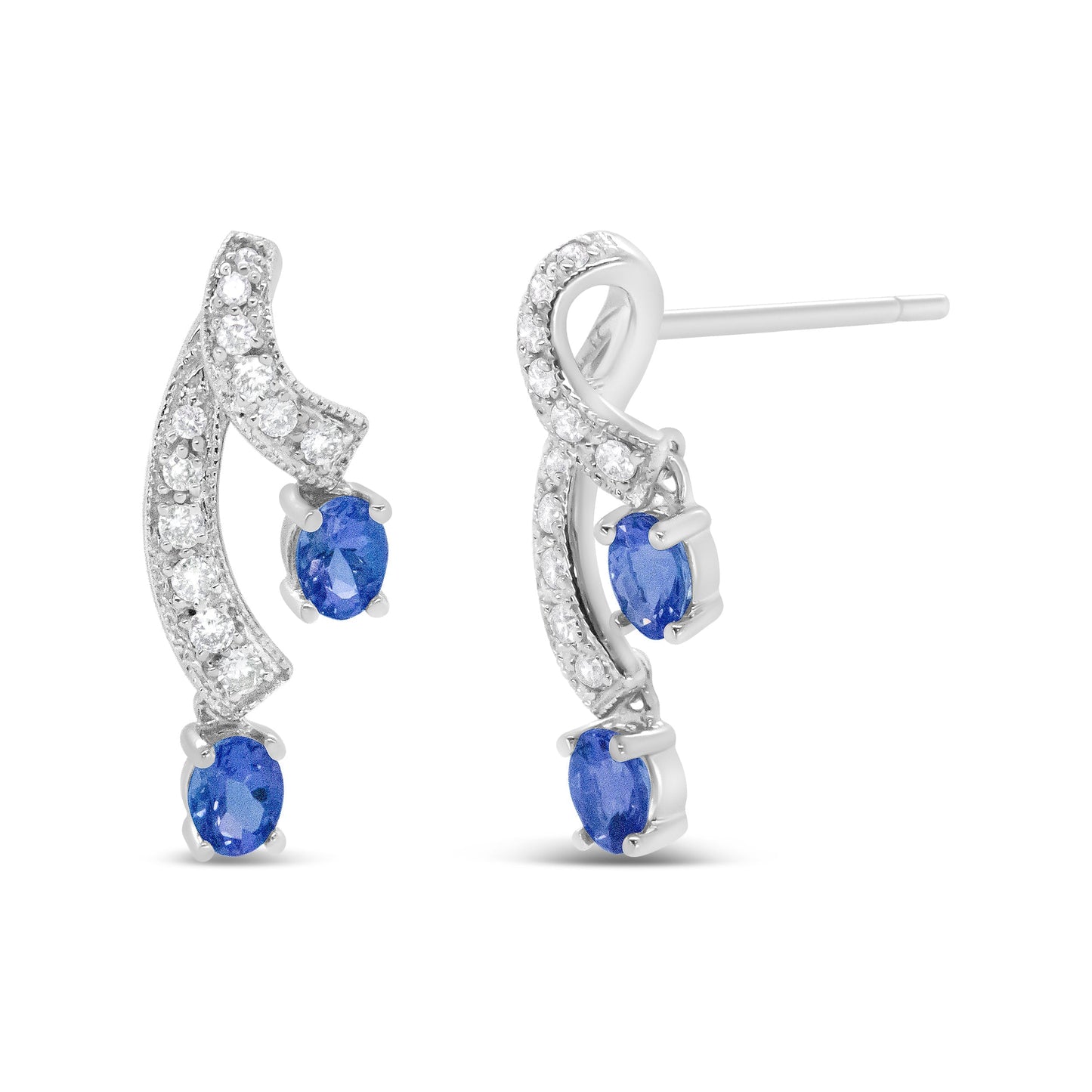 14K White Gold 4x3MM Oval Shaped Natural Blue Tanzanite Gemstone and 1/5 Cttw Diamond Double 3/4" Inch Drop Stud Earrings (H-I Color, VS1-VS2 Clarity) Bids.com