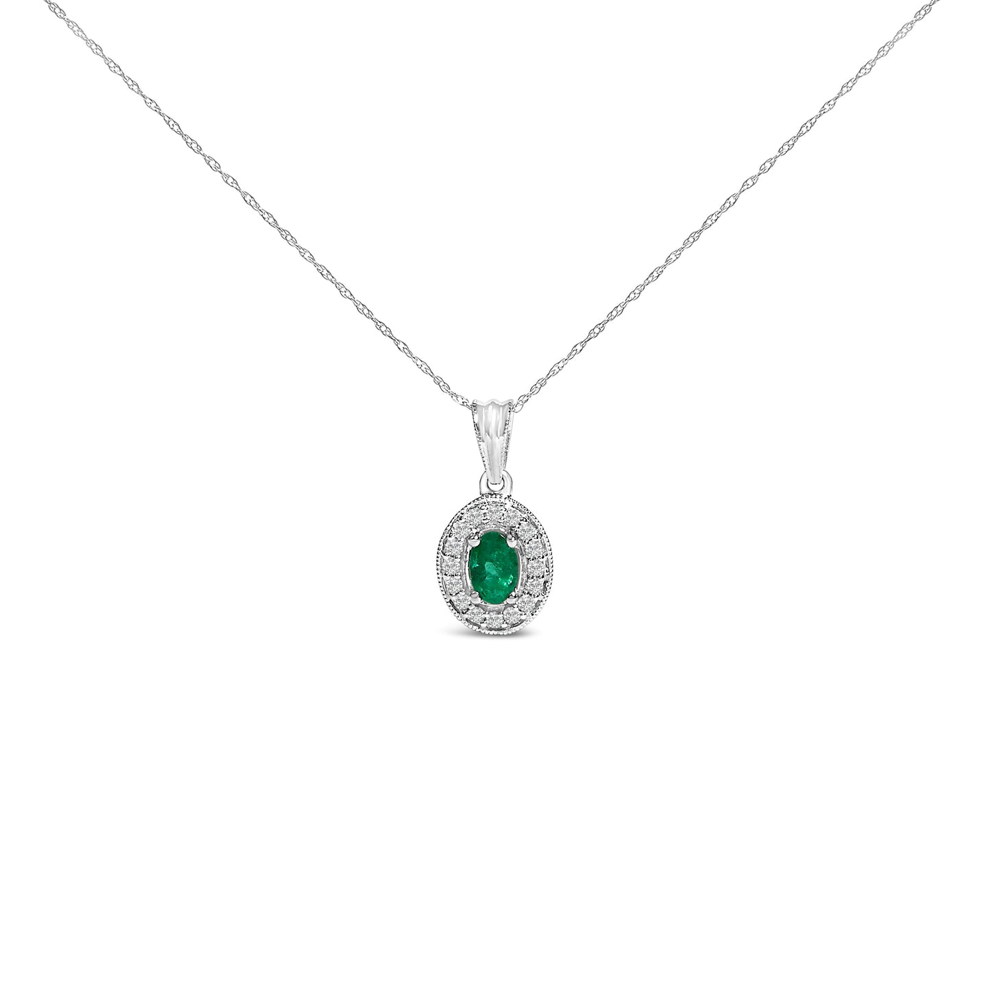14K White Gold Oval 6x4 MM Green Emerald and Diamond Halo Pendant Necklace - 18 inch Bids.com