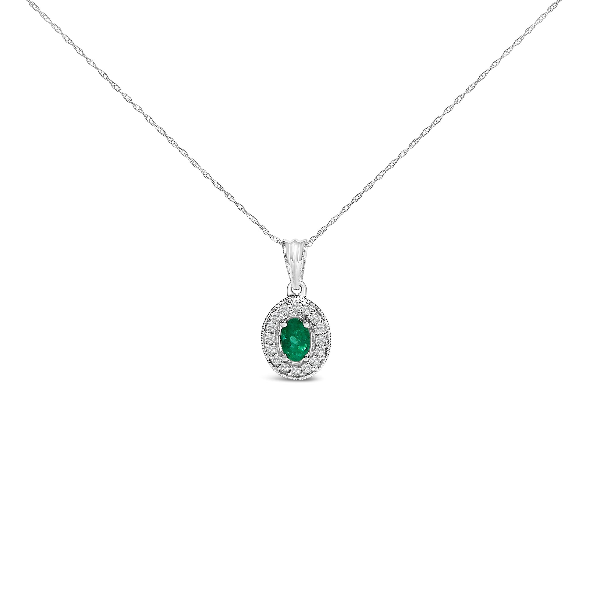 14K White Gold Oval 6x4 MM Green Emerald and Diamond Halo Pendant Necklace - 18 inch Bids.com